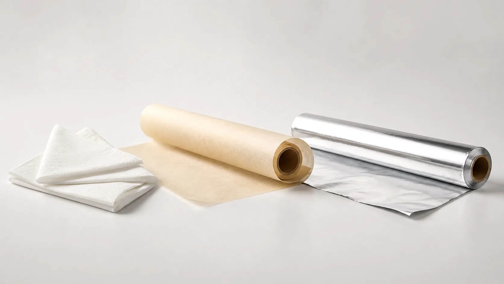 White tissue papers, butter paper roll and aluminium foil roll
